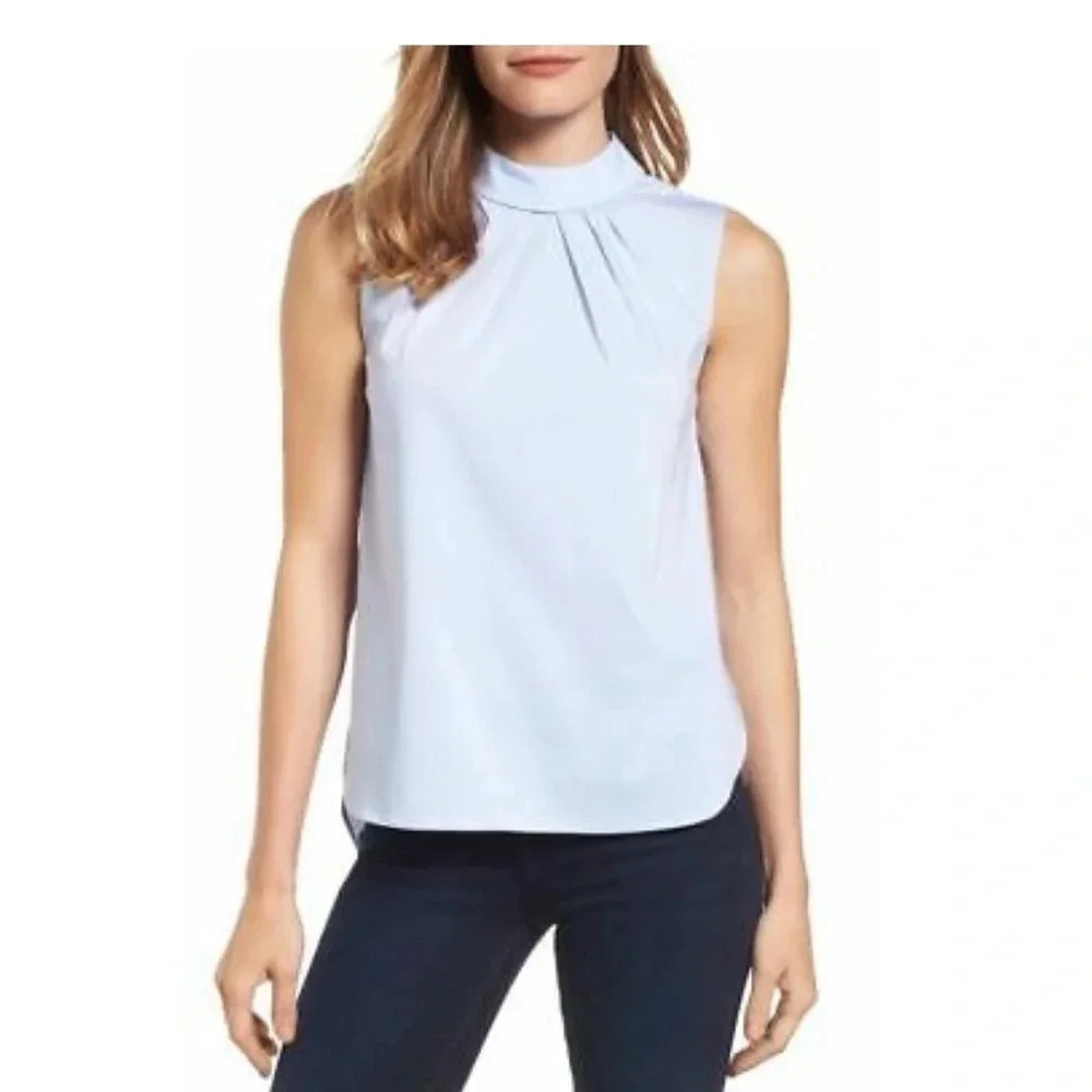 Halogen Blue Pleat Front Sleeveless Cotton Blouse Size Small